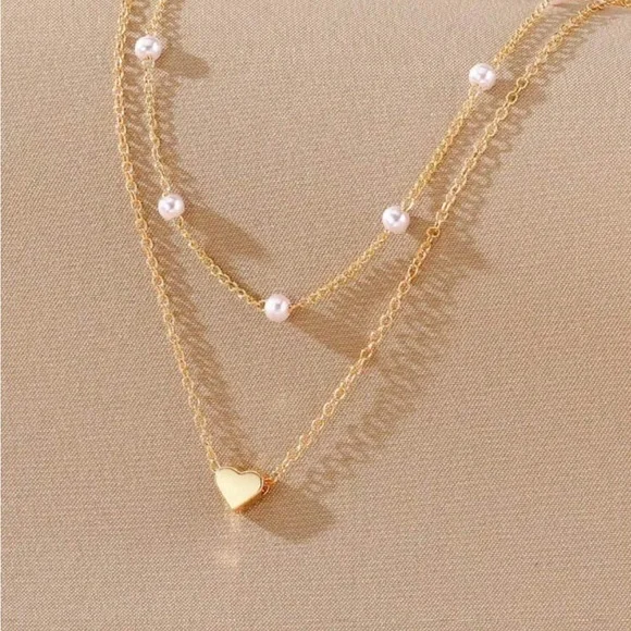 Smooth Heart Gold Color Pendant Necklace 2pcs/set Pearl - Picture 3 of 4
